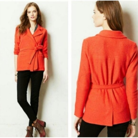Sparrow Anthropologie 100% Wool Wrap Jacket Belted Cardigan Coatigan OrangeRed M - Picture 2 of 15